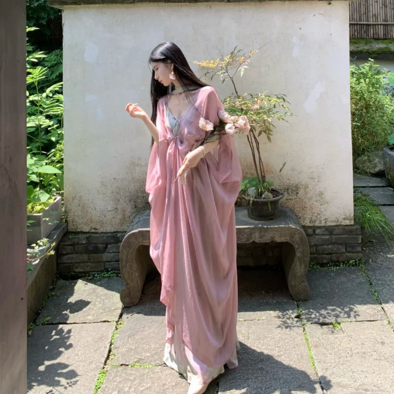 Cool Beauty Lotus Color Fairy-like Summer Atmosphere Cape Blouse Jacket Floral Strap Long Dress Set