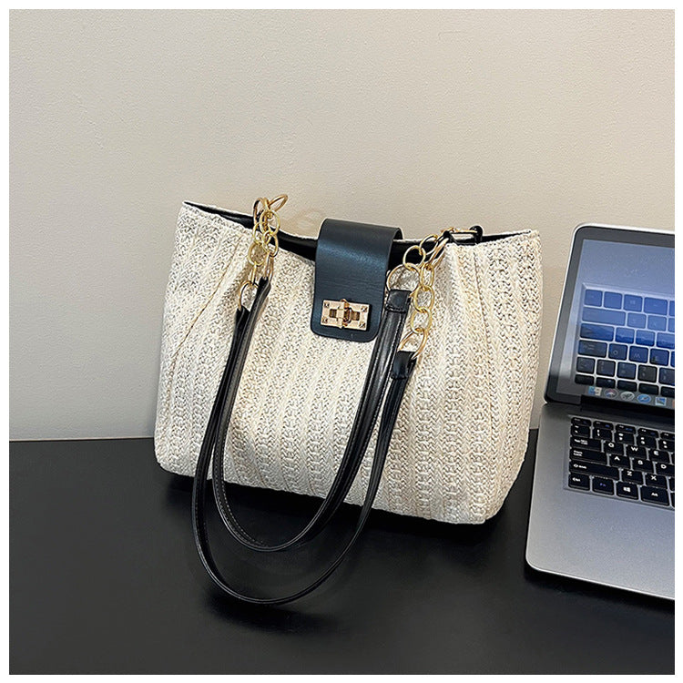 2025Women's Spring New Small Chanel Style Bag for Work Commute Versatile Straw Woven Large Capacity Wide Shoulder Strap Women's Single Shoulder Bag