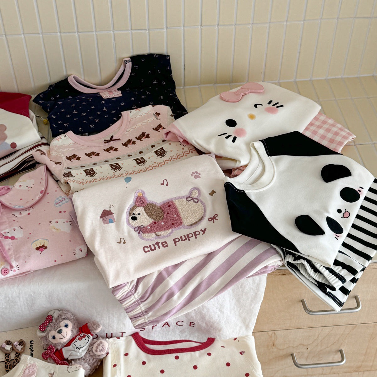 Girls A Pajama Set2025Autumn Girls Korean Style Homewear Baby Cute Cartoon Print Two-Piece Set Trendy