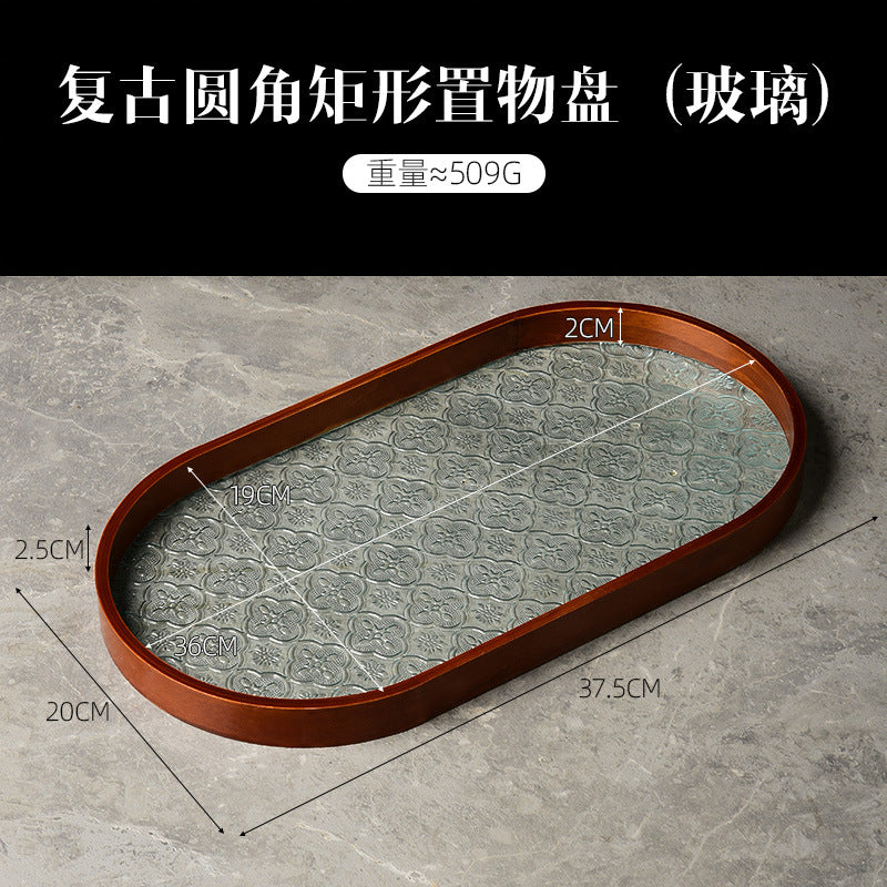 Begonia Embossed Glass Tray Walnut Color Rectangular Tea Tray Storage Ornaments Tea Water Cup Fruit Snack Plate