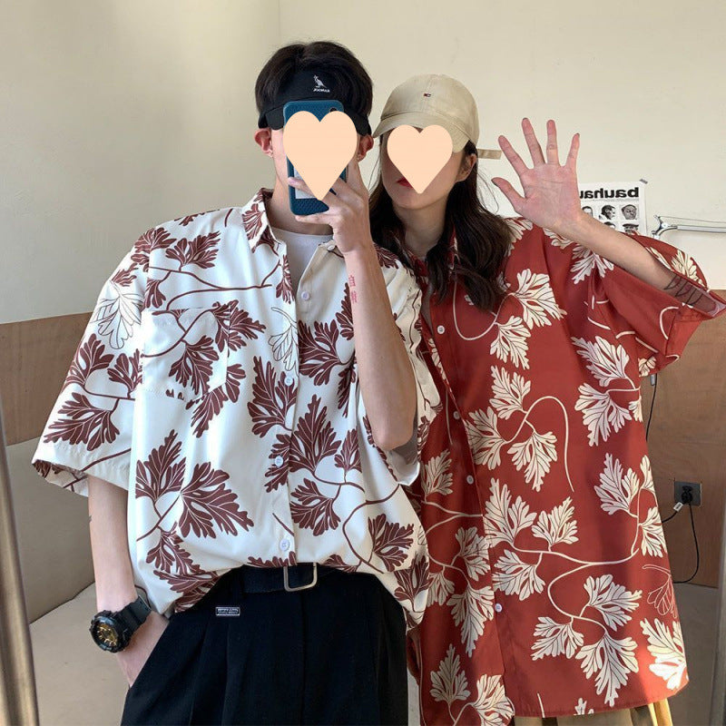 Summer Short Sleeve Floral Shirt for Men and Women Hawaiian Retro Hong Kong Style Loose Ice Silk Shirt Couple Outfit