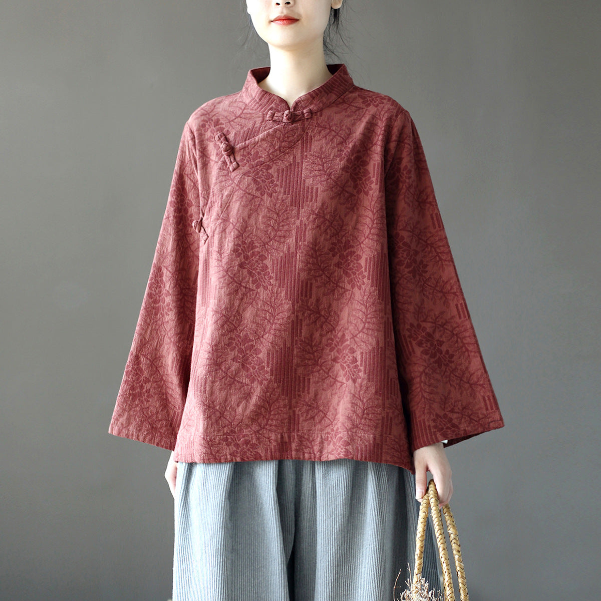 8813Xi Mo Women's Clothing Republic of China Retro Artistic Spring and Autumn New Double Layer Jacquard Button Shirt Chinese Style Short Top