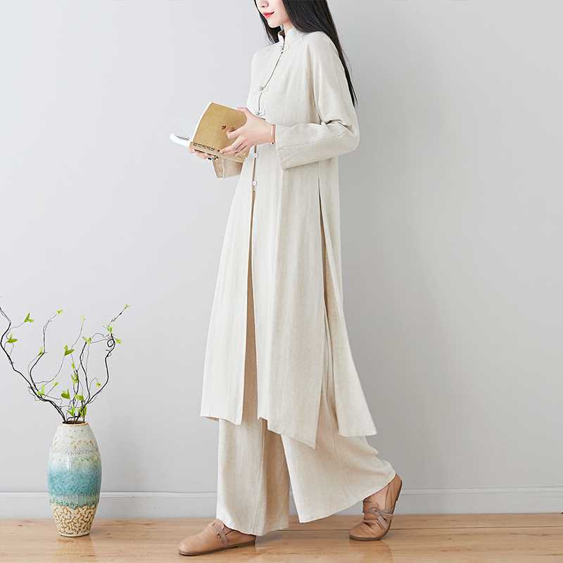 Real Shot 2024Linen Tea Clothing Spring and Autumn Zen Style Layperson Clothing Hanfu Chinese Style Tang Suit Set