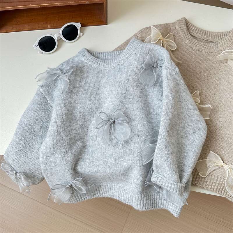 Sweet Little Sister Korean Children's Sweater Spring and Autumn New Fashionable Girls' Korean Style Fashionable Children's Bow Knitted Sweater