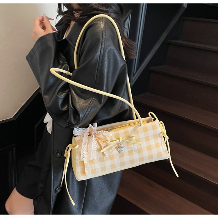 Dopamine Plaid Handbag Small Tote Bag for Women Summer2025New Ballet Style Bow Baguette Bag Underarm Bag Trendy