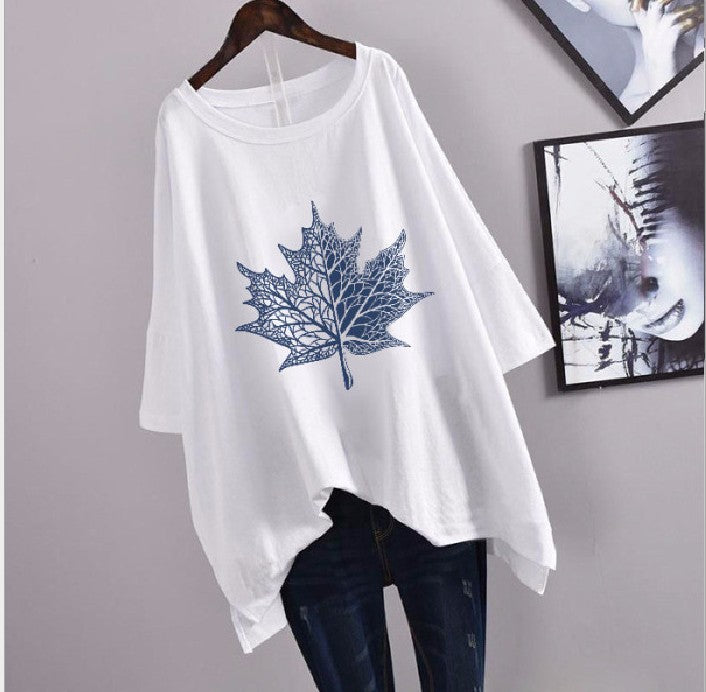 200Plus Size Women's Summer Leaf Print Casual Split Mid-Length Short Sleeve Dress T Women's Loose Fit Plus Size Shirt