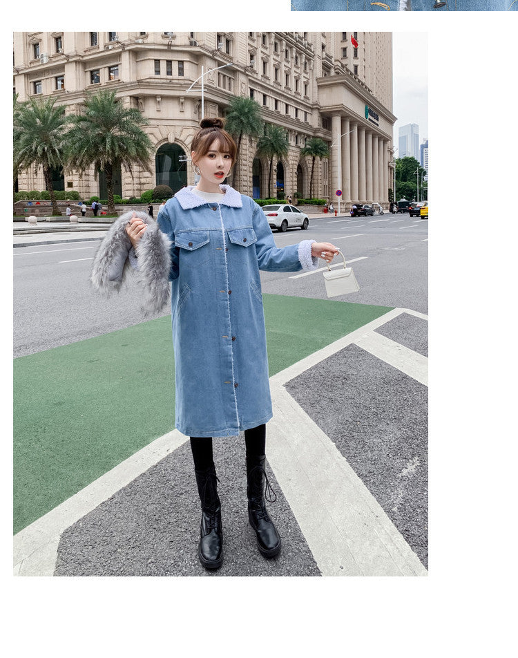 2022Winter New Mid-Length Large Fur Collar Fleece-Lined Lamb Wool Denim Jacket for Women Loose Casual Cotton Coat