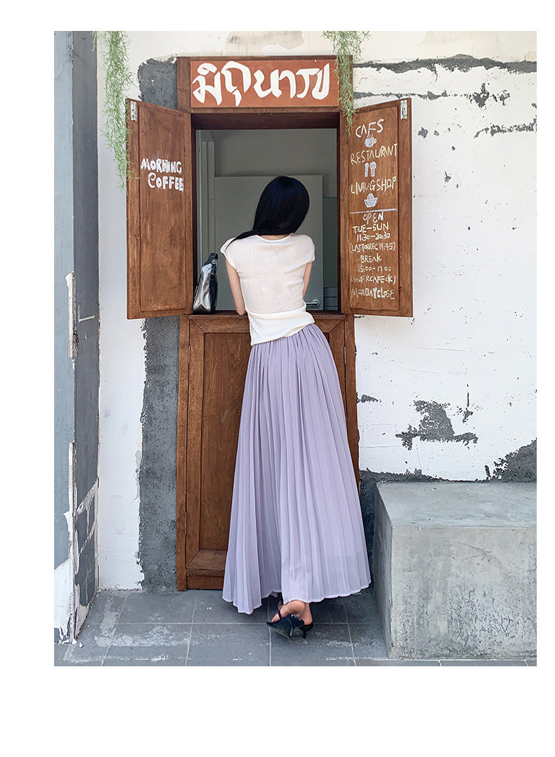 Thirteen Lines·Yunheyu Gentle Light Purple Pleated Long Skirt for Women Versatile Casual Vacation Style Draped Half Skirt