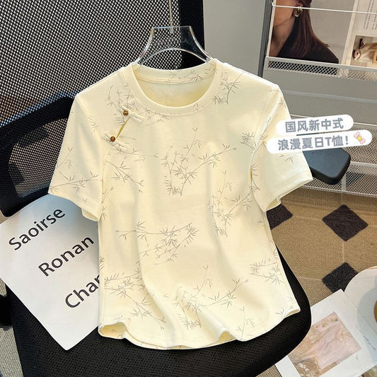 New Chinese Style National Style Button Short Sleeve t Women's Summer T-shirt2024New Women's Loose Slimming Plus Size Round Neck Top