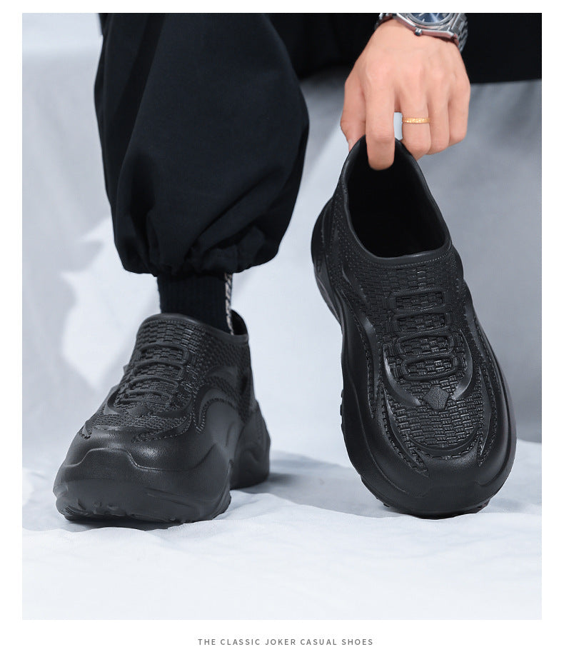 Kitchen Non-Slip Shoes for Men, Summer Breathable Thick Sole Pure Black Chef Waterproof Work Shoes, Outdoor Sports Fishing Rubber Shoes
