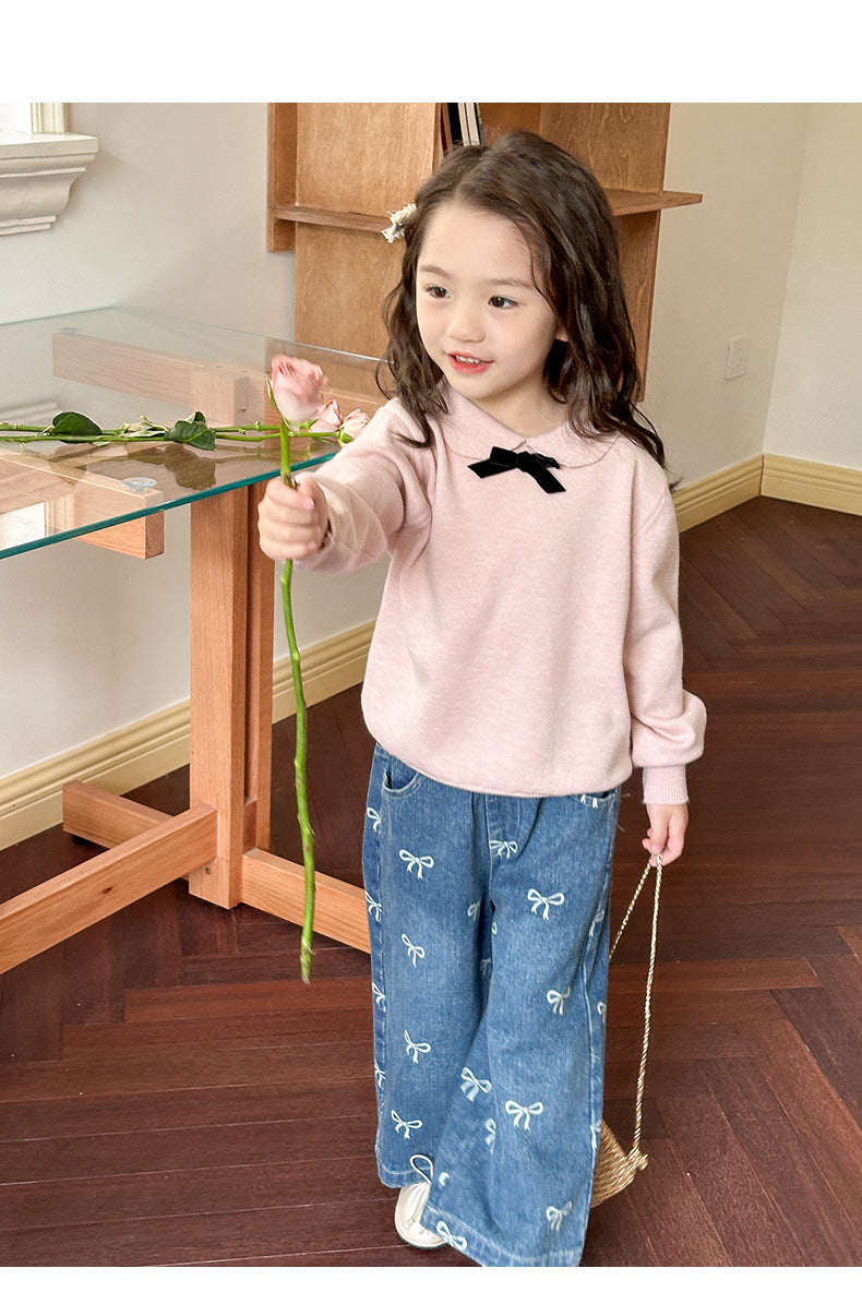 Girls' Pants Bowknot Print Jeans Wide Leg Straight2025Autumn New Fashionable and Stylish for Girls and Young Children