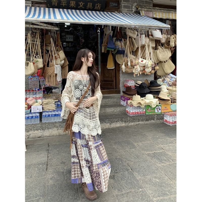 Bohemian Vacation Style Set Dress for Women Summer Hollow Out Sun Protection Knitted Cover-Up Printed Skirt Two-Piece Set
