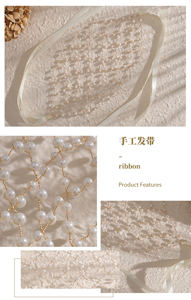 European and American Bride Accessories Wedding Dress Hairband Handmade Pearl Mesh Hair Press Headpiece Exotic Style Accessories Headband