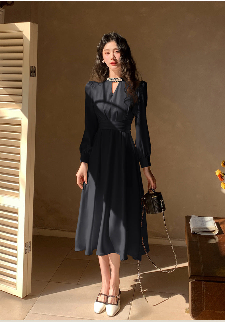 French A Line skirt2025Spring and Summer New Women's Long Sleeve Dress Waist Slimming Elegant Acetate Satin Long Dress