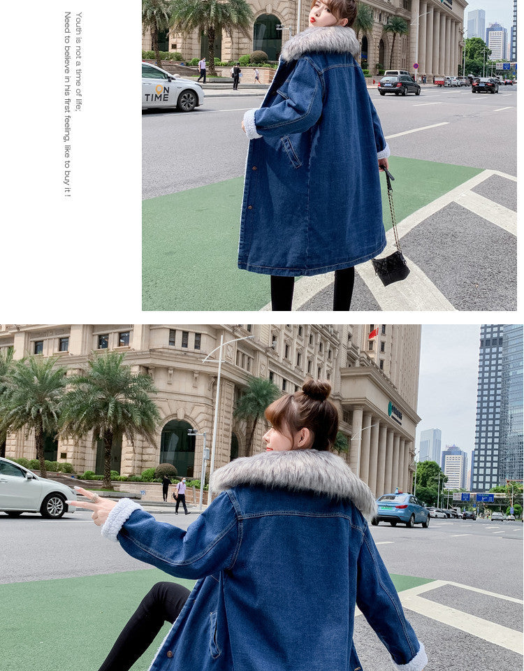 2022Winter New Mid-Length Large Fur Collar Fleece-Lined Lamb Wool Denim Jacket for Women Loose Casual Cotton Coat