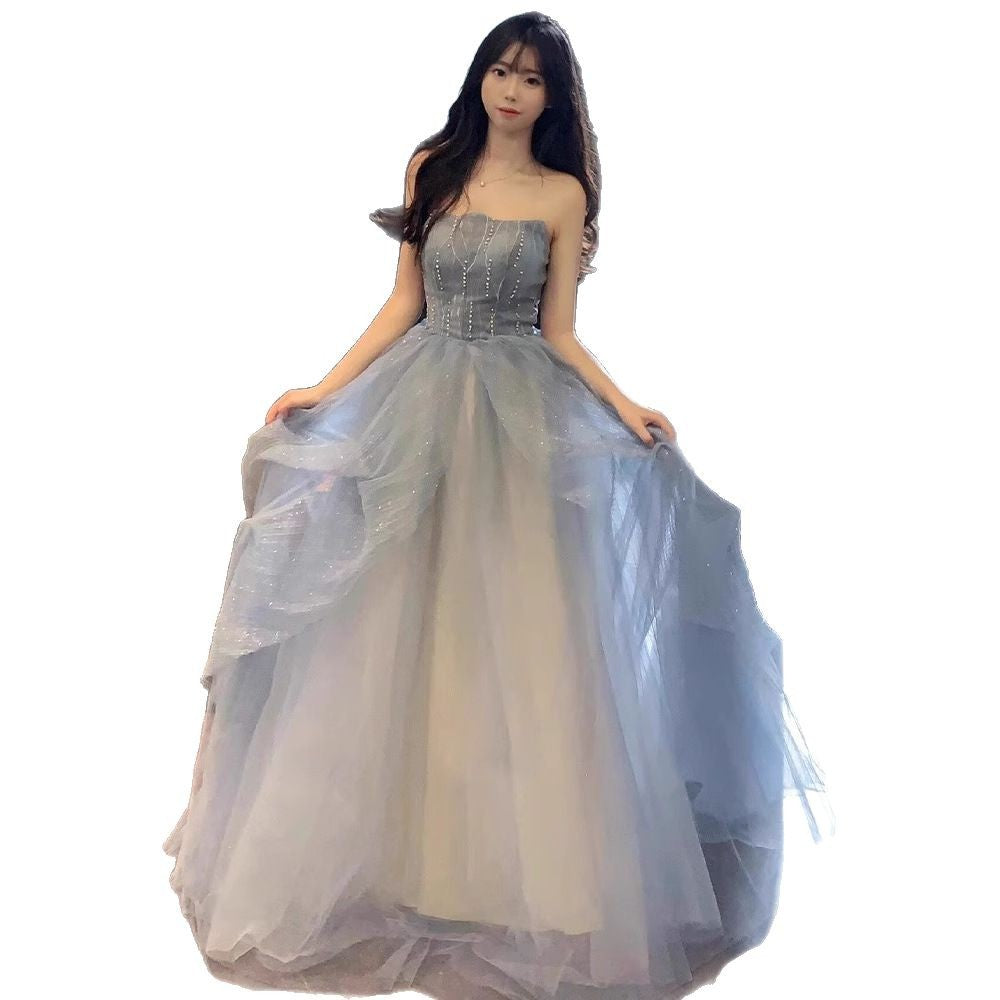 Blue Strapless Dress Puff Skirt Runaway Princess Fairy Dress Light Luxury High-end Evening Dress Host Slim Fit Elegant