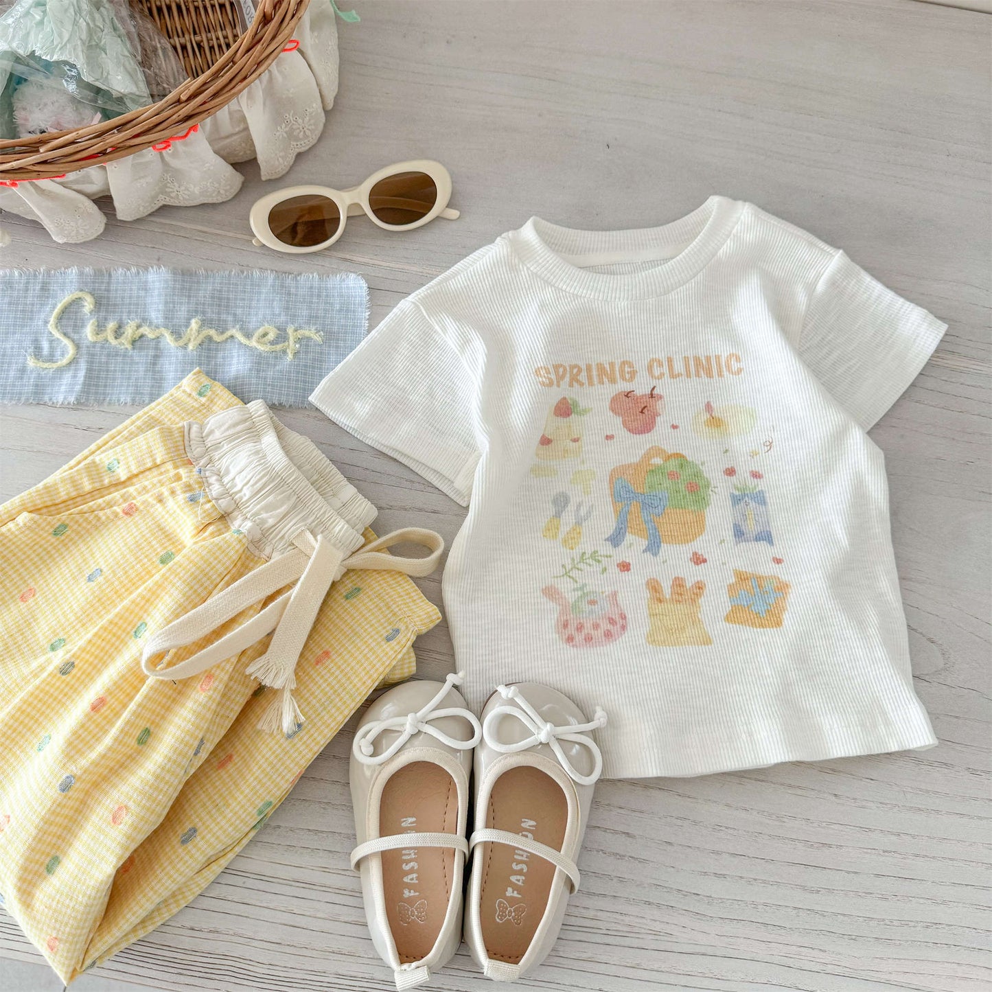 Sweet Little Girl Summer Outfit Set New Korean Version Cartoon Print Short Sleeve T T-shirt and Wide-leg Pants Two-piece Set for Baby Girls