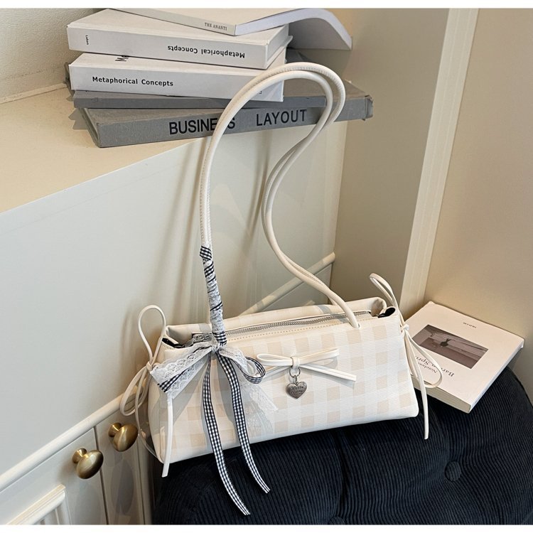 Dopamine Plaid Handbag Small Tote Bag for Women Summer2025New Ballet Style Bow Baguette Bag Underarm Bag Trendy