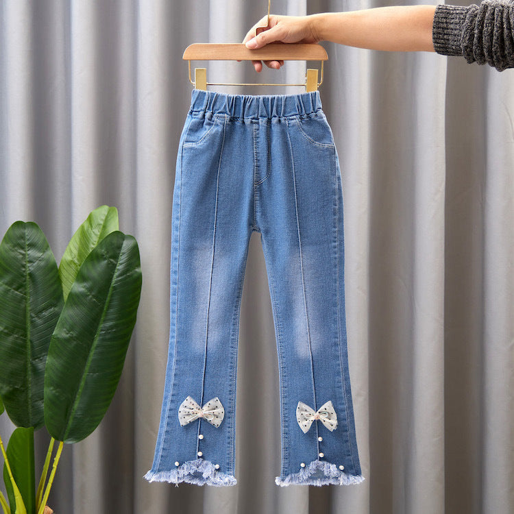 Children's Clothing Wholesale Girls' Jeans Spring and Autumn New Style Medium and Large Children's Slim Pants Baby Casual Girls' Flared Long Pants