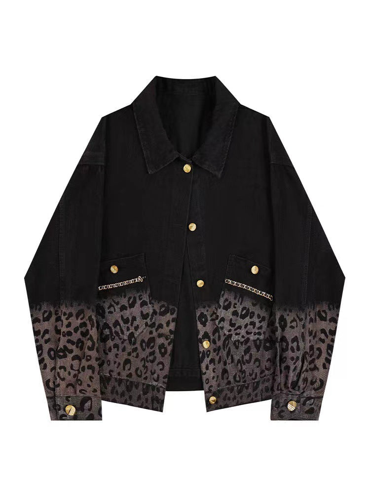 Black Vintage Leopard Print Denim Jacket for Women Fashion Short Coat Autumn Women's Clothing2022New Arrival Jacket