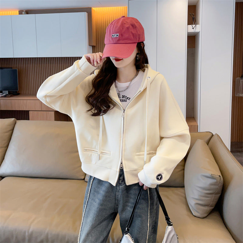 Spring and Autumn Short Hooded Sweatshirt Jacket for Petite Women, New Thin Loose Stylish Zipper Cardigan for Autumn and Winter