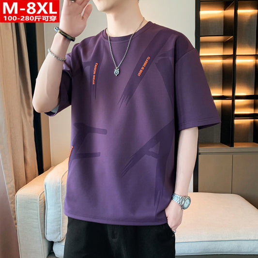 Summer Trendy Hong Kong Style Men's Printed Round Neck Short Sleeve T T-shirt Plus Size Loose Casual T-Shirt for Overweight Men