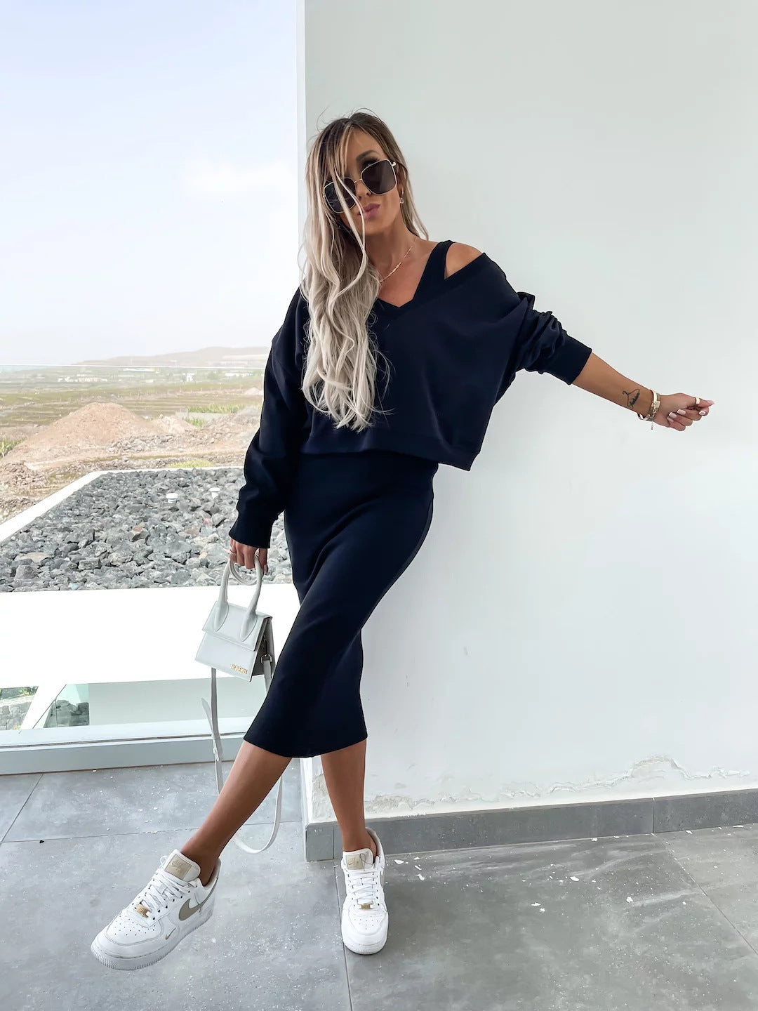 Amazon European and American Cross-Border New Spring Summer Women's Solid Color Clothing V Collar Long Sleeve Sweater Sling Slim Fit Long Dress2Set