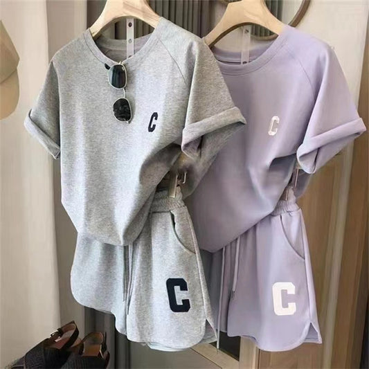 Original quality Amazon Korean style women's summer loose short sleeve T T-shirt shorts sports embroidered letter casual set