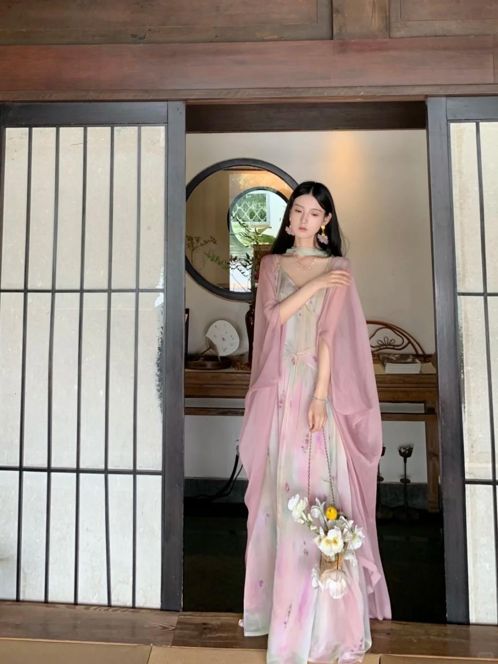 Cool Beauty Lotus Color Fairy-like Summer Atmosphere Cape Blouse Jacket Floral Strap Long Dress Set