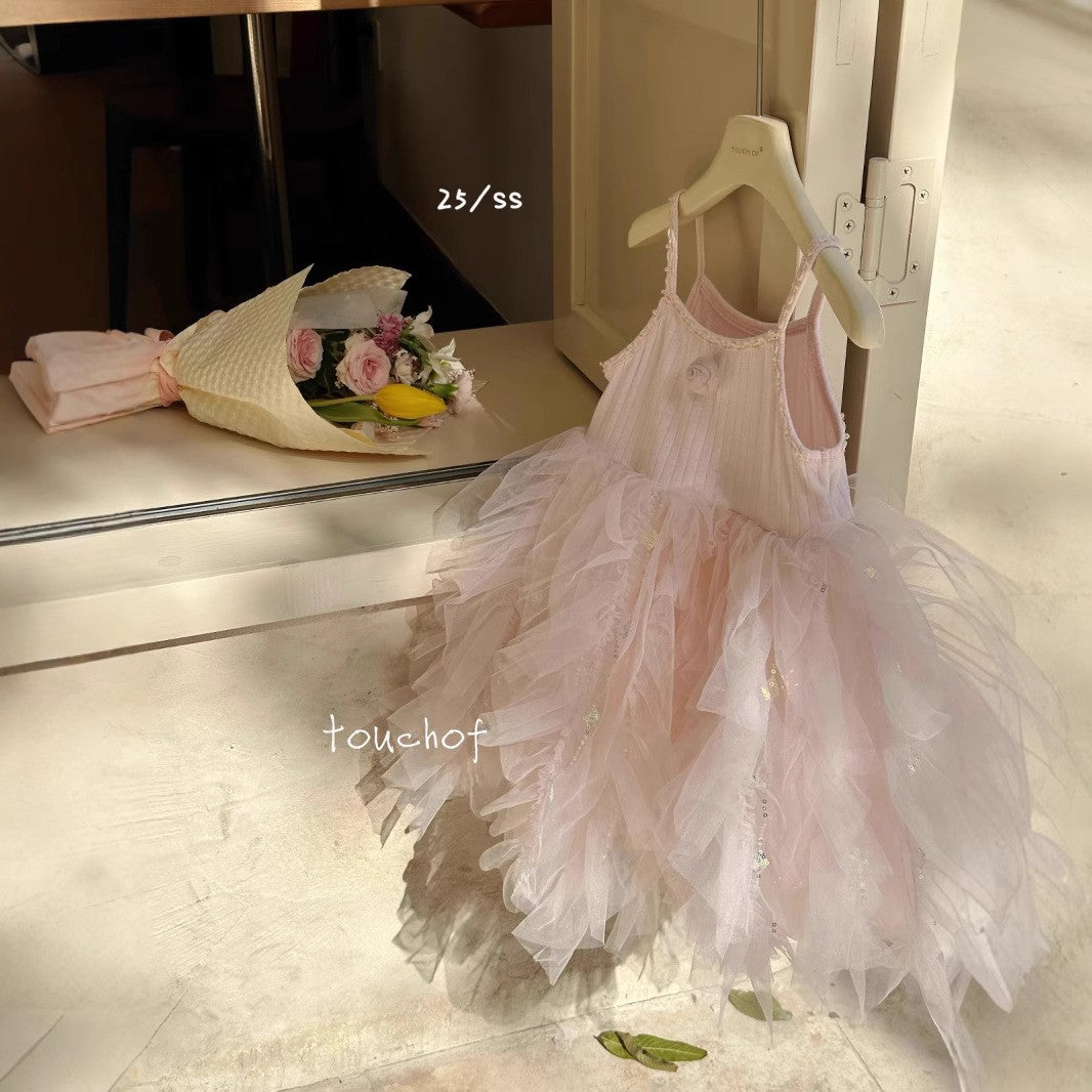 Girls Korean Style Cotton Strap Floral Mesh Princess Dress
