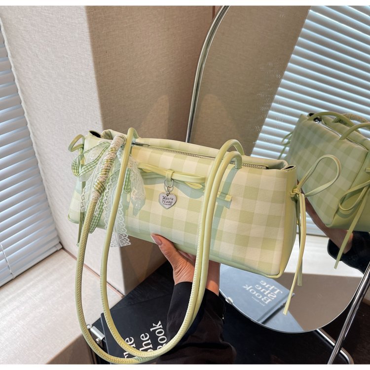 Dopamine Plaid Handbag Small Tote Bag for Women Summer2025New Ballet Style Bow Baguette Bag Underarm Bag Trendy