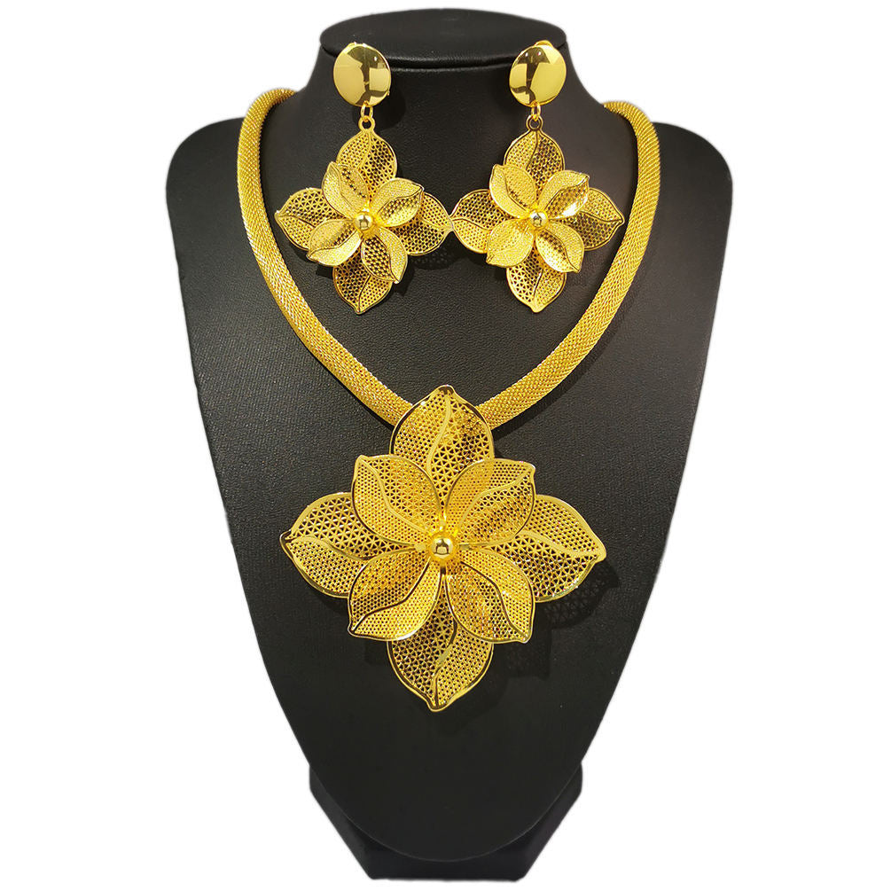Various Dubai Sets for Women24K Gold Color Big Flower Pendant Necklace and Earrings Wedding Party African Set