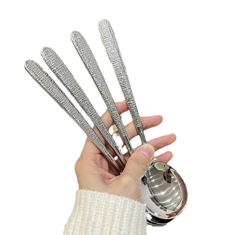 Korean Style Ice Pattern Spoon Soup Spoon Stainless Steel Hammered Long Handle Spoon Dining Western Soup Spoon Student Spoon Adult Rice Spoon