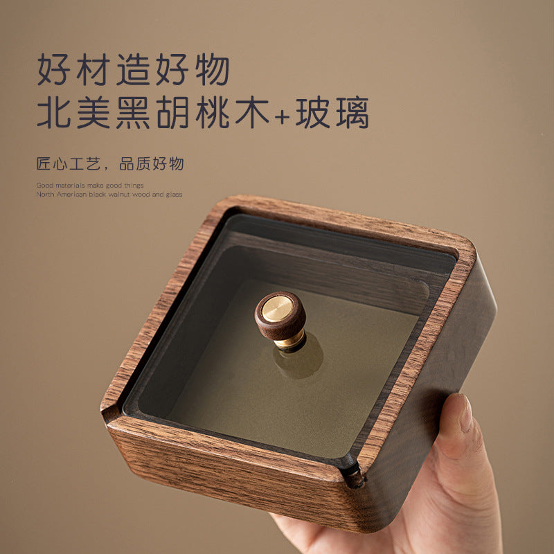 Walnut Ashtray for Home Living Room with Lid, Anti-Fly Ash, Stainless Steel Inner Liner, Creative Office Quality Ashtray