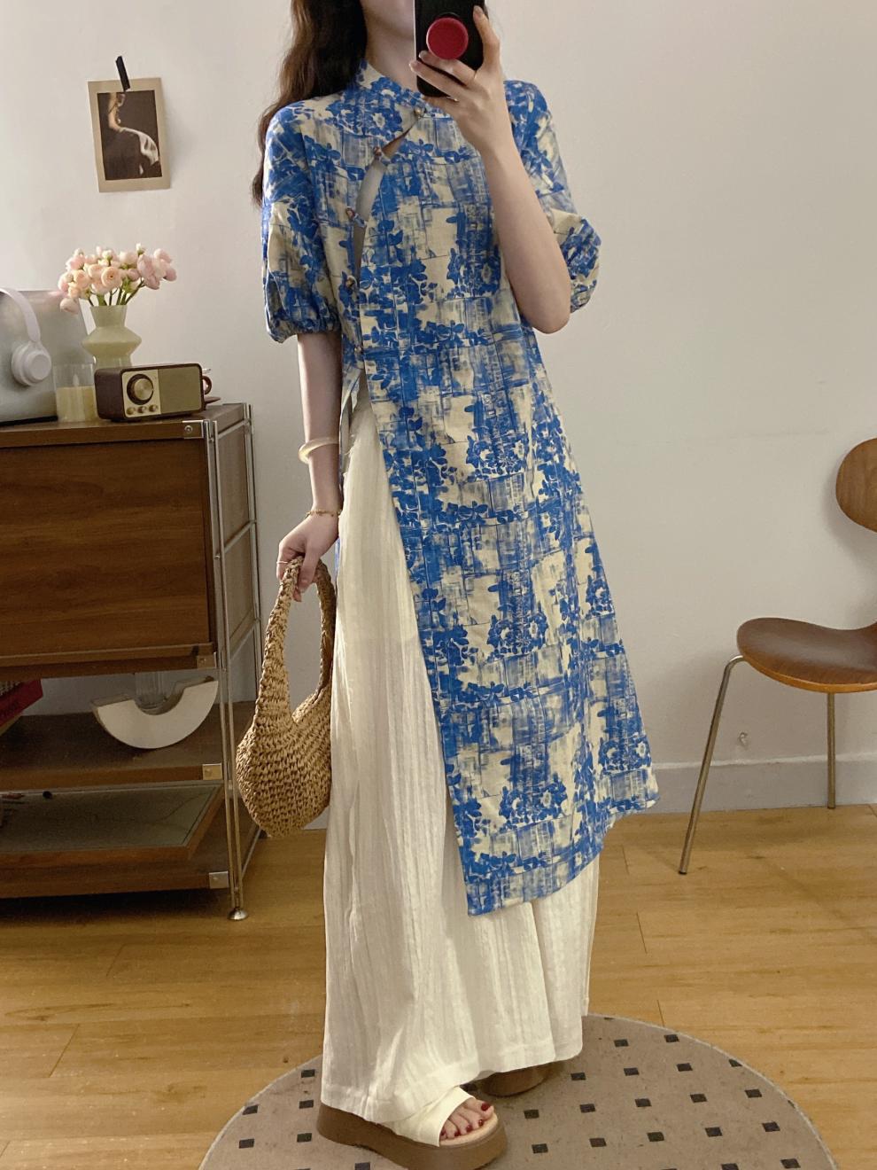 New Chinese Style National Style Set Gentle Temperament Super Beautiful Blue Floral Long Top Casual Long Pants Two-Piece Set