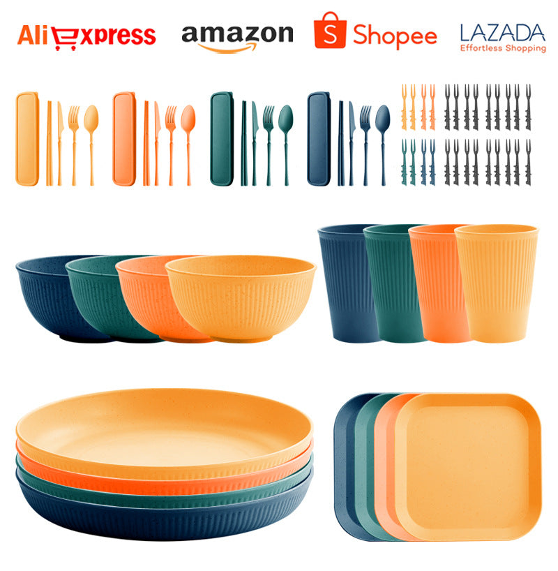 TEMU Amazon Wheat Straw Plate Bowl Cup Tableware Set Household Dining Plate Rice Bowl Water Cup Tableware Set Eco-friendly