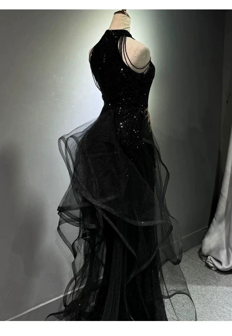 New Evening Dress Black High-End Slim Fit Elegant Socialite Host Halter Neck Mermaid Dress Wedding Toast Dress