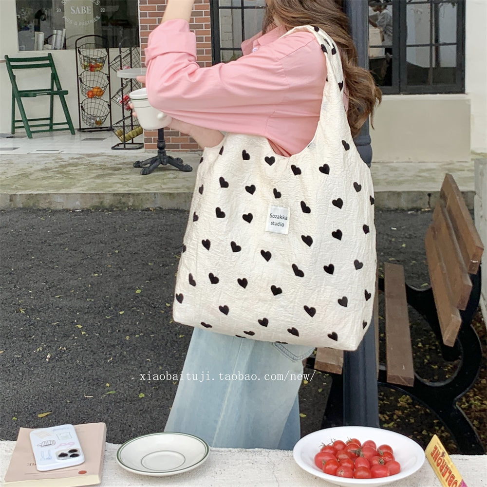 Little White Rabbit Desk New Textured Heart Canvas Single Shoulder Vest Bag Large Capacity Handbag for Women Underarm Small Win Shuo