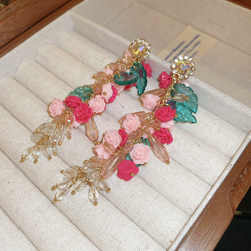 Resort Style Silver Needle Fabric Flower Tassel Earrings High-End Fashion Earrings Bohemian Sweet Exaggerated Ear Jewelry