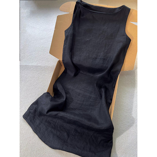 Elegant Socialite High-End Divine Style Dress Stunning Green Sleeveless Strap Cotton Linen Dress Summer High-End Feel Sleeveless