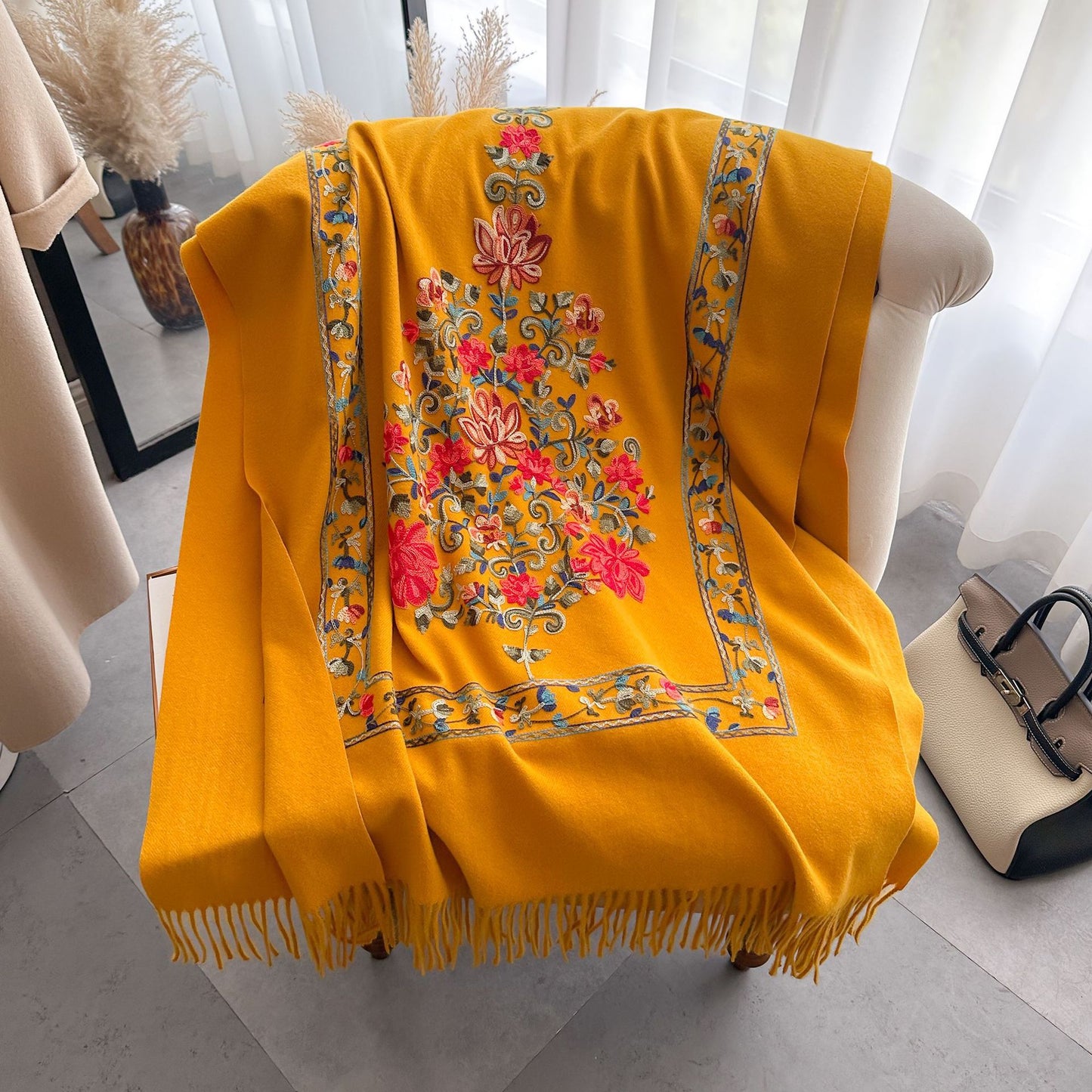 Bright Red Gold Thread Embroidered Scarf for Women Winter Versatile Wool Thickened Warm Cashmere Large Shawl for Women Dual-use Outerwear