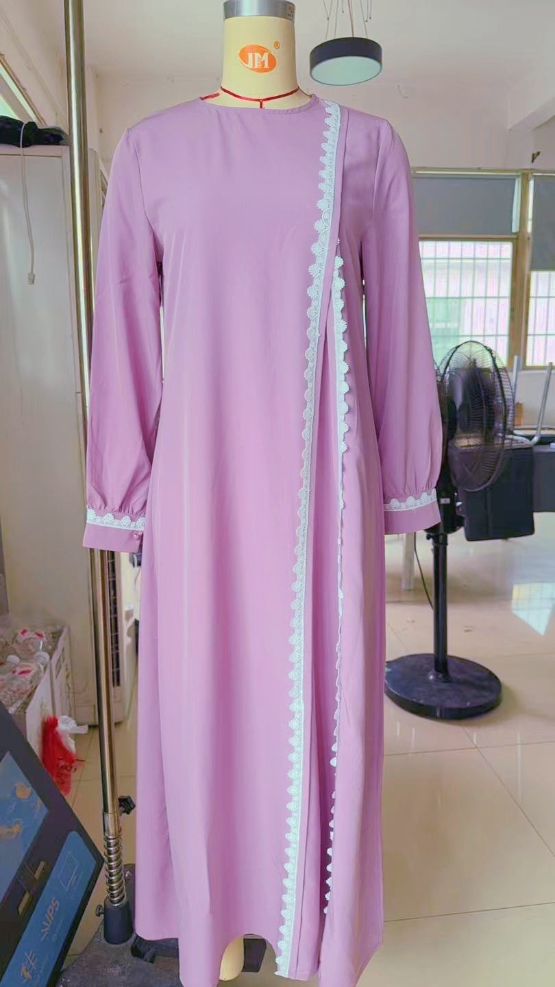 H726#Muslim Women's Clothing Lace Long Robe Dress Fashion Long Sleeve Vest Women's Spring Casual Dress