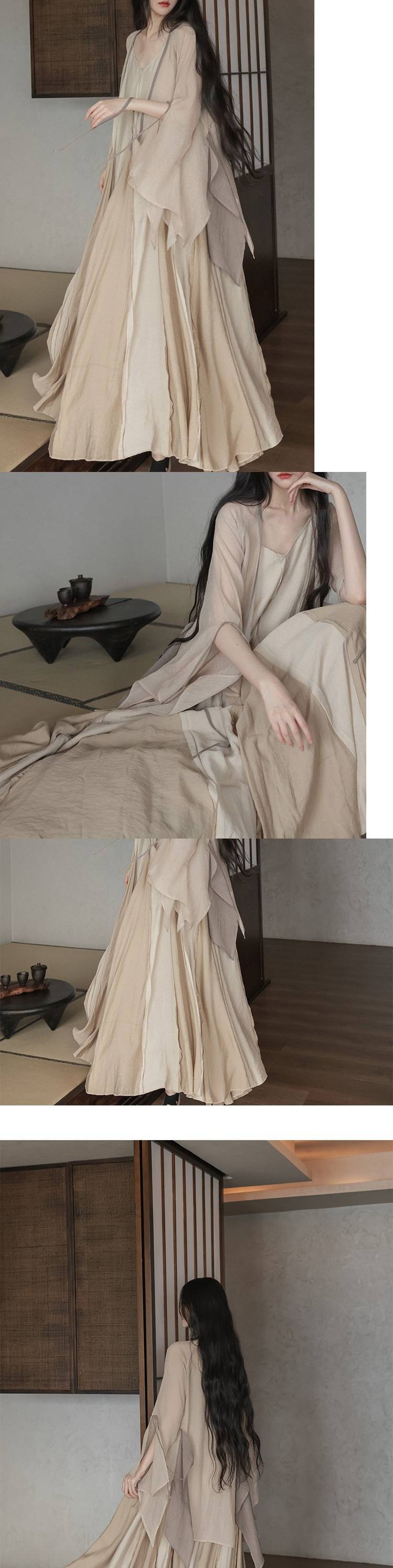2025Spring New Heavy Craft Large Hem Strap Dress New Chinese Style Retro National Style Artistic Patchwork Long Dress