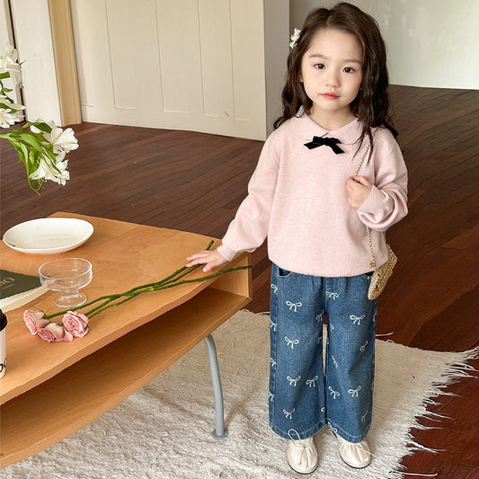 Girls' Pants Bowknot Print Jeans Wide Leg Straight2025Autumn New Fashionable and Stylish for Girls and Young Children