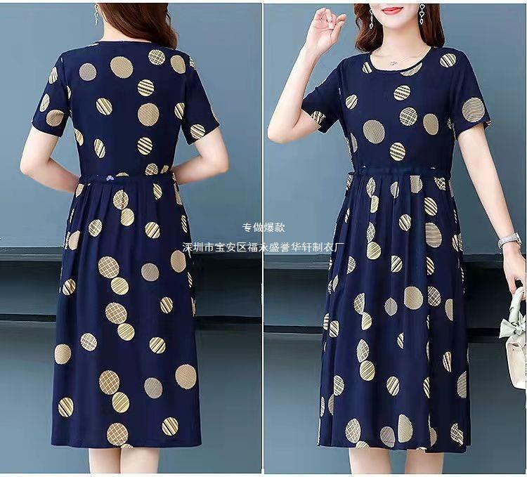 Cross-Border Summer Plus Size Short Sleeve Dress Women Printed Waist Slimming Mid-Length Elegant Dress Trendy
