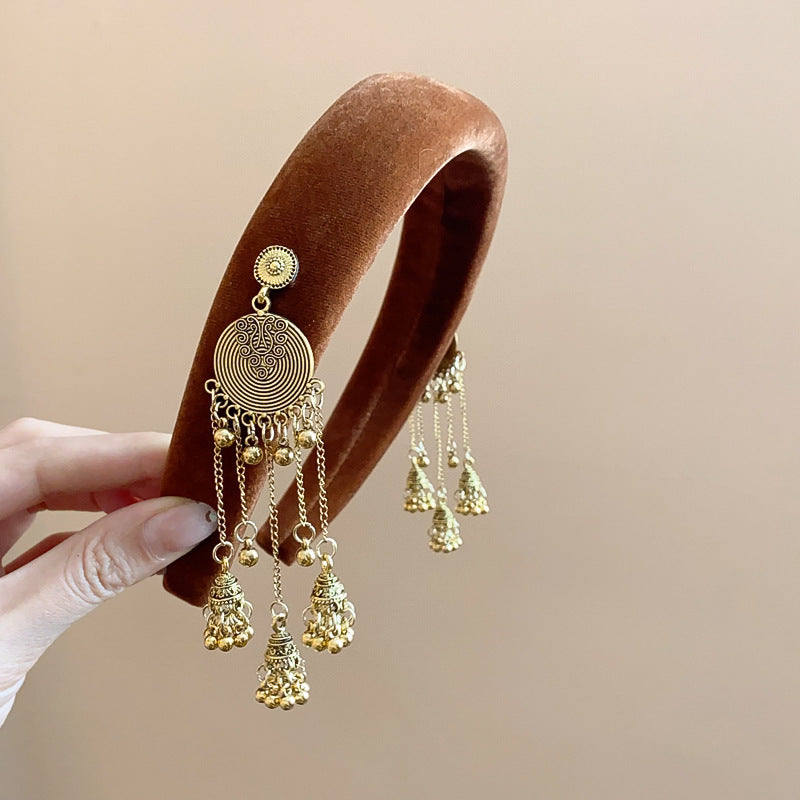 Ethnic Style Velvet Bell Tassel Headband New Chinese Style National Trend High Skull Top Headband Niche High-end Retro Hair Accessory
