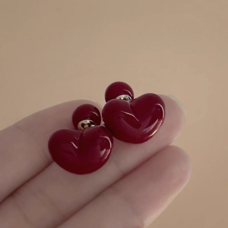 Heart-shaped Cherry925Silver Needle Vintage Autumn Winter Wine Red Heart Ball Double-Sided Earrings2024New Fashion