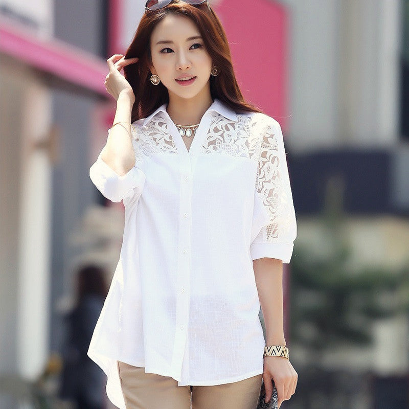 Foreign Trade Southeast Asia Plus Size Fat MM Chiffon Blouse Lace Blouse Loose Five-Quarter Sleeve Short Sleeve Shirt Southeast Asian Style