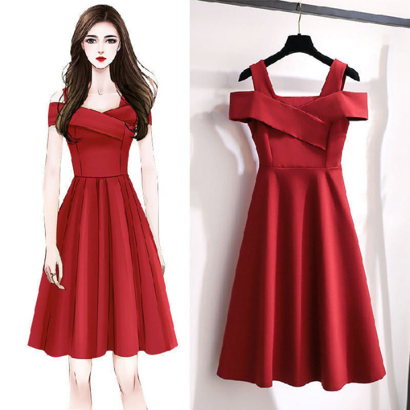 Cross-Border2025New Plus Size Off-Shoulder Elegant Dress for Plus Size Women Fashionable Tummy Covering Slimming Waist Dress Trendy