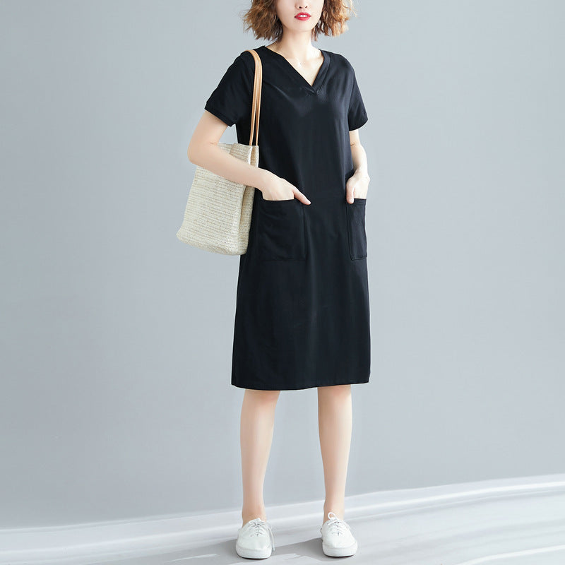 Plus Size Women's Summer Loose Korean Style Mid-Length Dress T Shirt and Skirt for Plus Size mm Solid Color V Collared Slimming Short Sleeve Dress